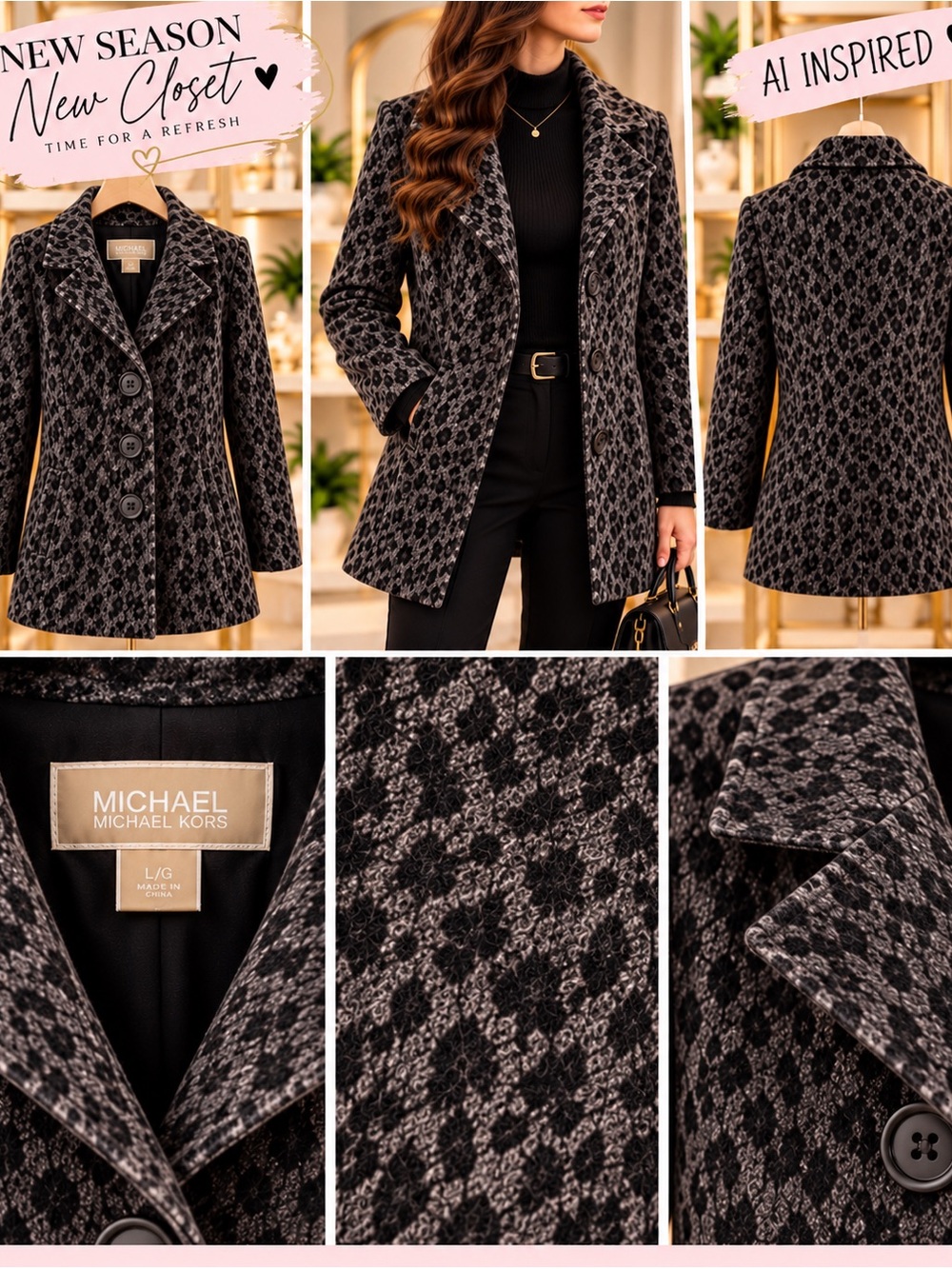 Michael Kors Gray Black Leopard-Print Pea Coat